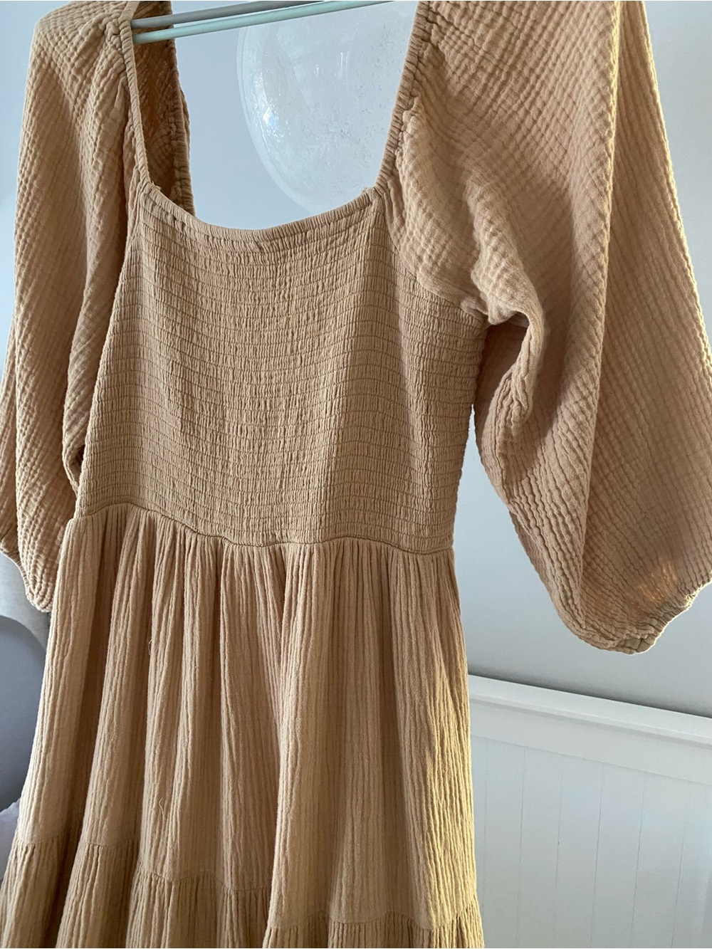Neuflora - 100% Cotton Gauze Smocked Midi Dress with Square Neck in Tan - Picture 2 of 6